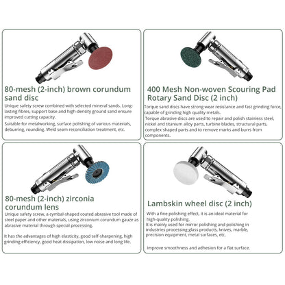 EYPINS Air Sander Set, Pneumatic Die Grinder Air Grinder 90° angled Angle Grinder 90psi(6.2Bar) with 50mm corundum disc, 50mm sanding disc, air valve, wool wheel sanding disc, polishing head
