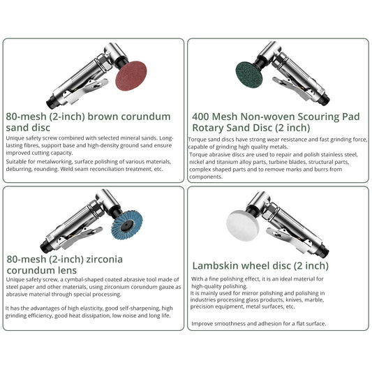 EYPINS Air Sander Set, Pneumatic Die Grinder Air Grinder 90° angled Angle Grinder 90psi(6.2Bar) with 50mm corundum disc, 50mm sanding disc, air valve, wool wheel sanding disc, polishing head