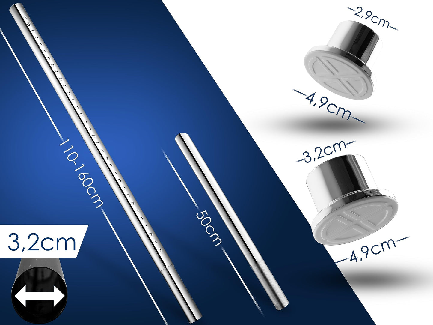 MEISENBERG Shower Curtain Rod without drilling 160-210cm, Silver, Ø 32 mm, Telescopic Curtain Rod Clamps - Curtain Rod for showers, doorways, and wardrobes.