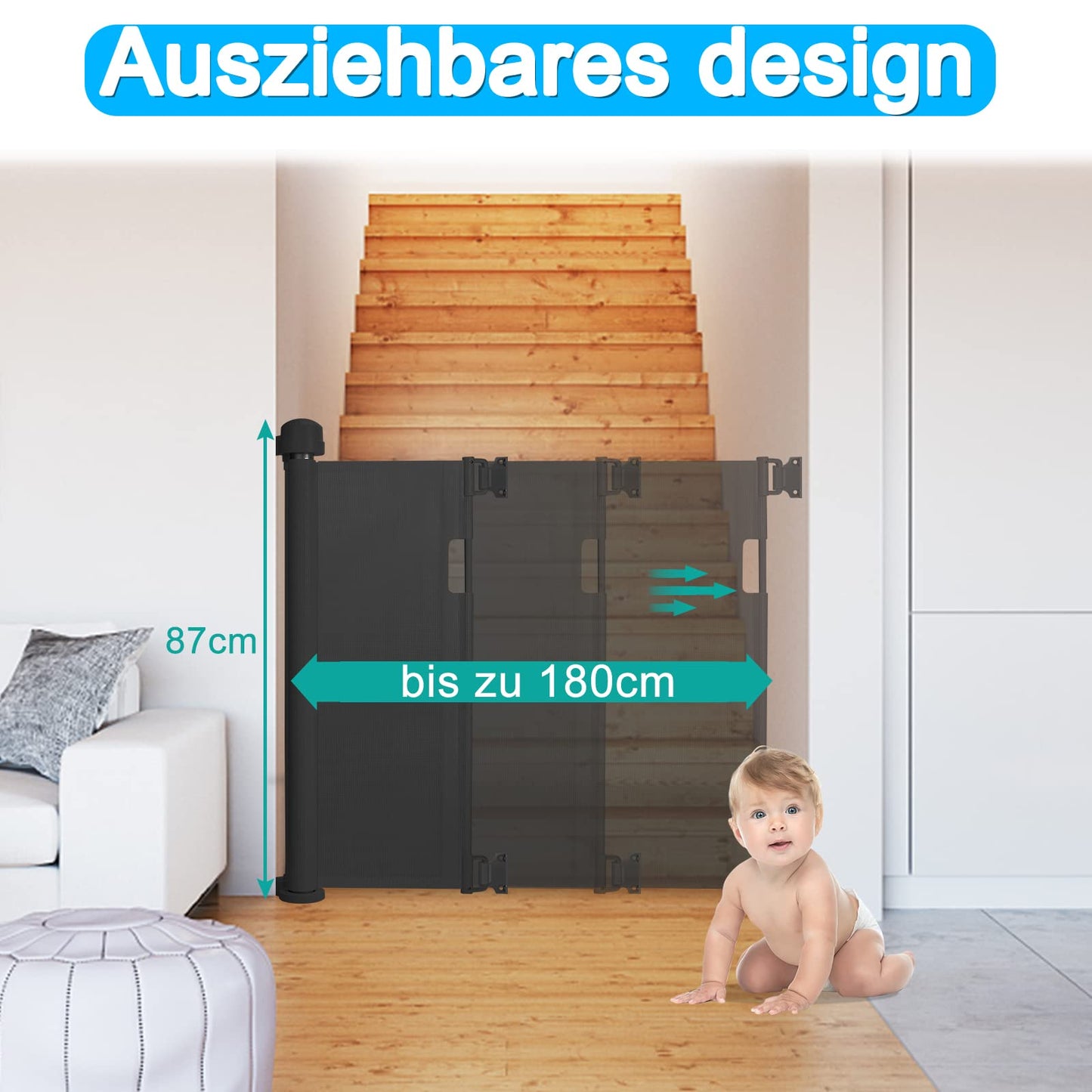 NAIZY Stair Gate Retractable Roller Door Guard 87 x 0-180 cm Barrier Gate Staircase Roller Baby Door Roller Suitable for Stairs Doors Indoor & Outdoor, Black