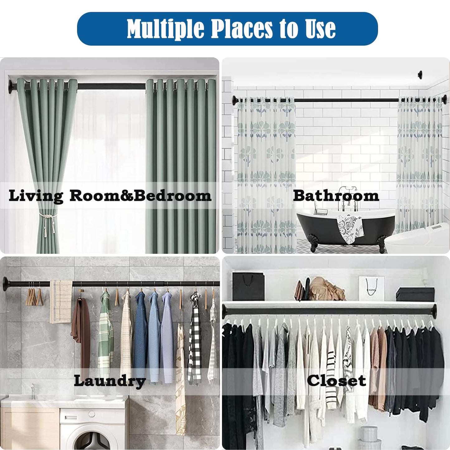 Aiitomg curtain rod 300 cm long shower rod without drilling adjustable telescopic rod curtain shower curtain rod for bathroom, bedroom white (255-310CM Φ32mm)