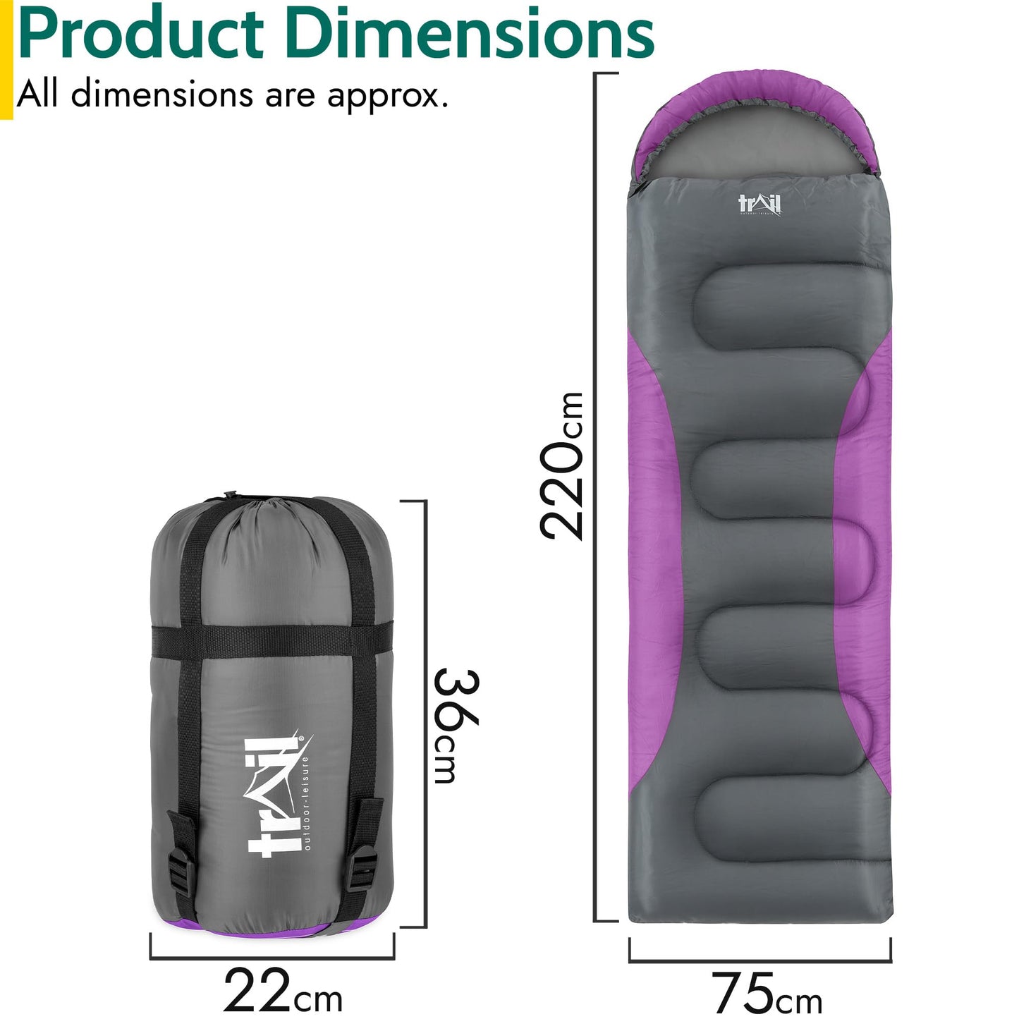 Alpine trail sleeping bag with hood - 250g bag, 3-season sleeping bag. Lightweight, compact - with hood and compression sack (Purple)