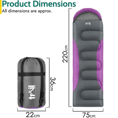 Alpine trail sleeping bag with hood - 250g bag, 3-season sleeping bag. Lightweight, compact - with hood and compression sack (Purple)