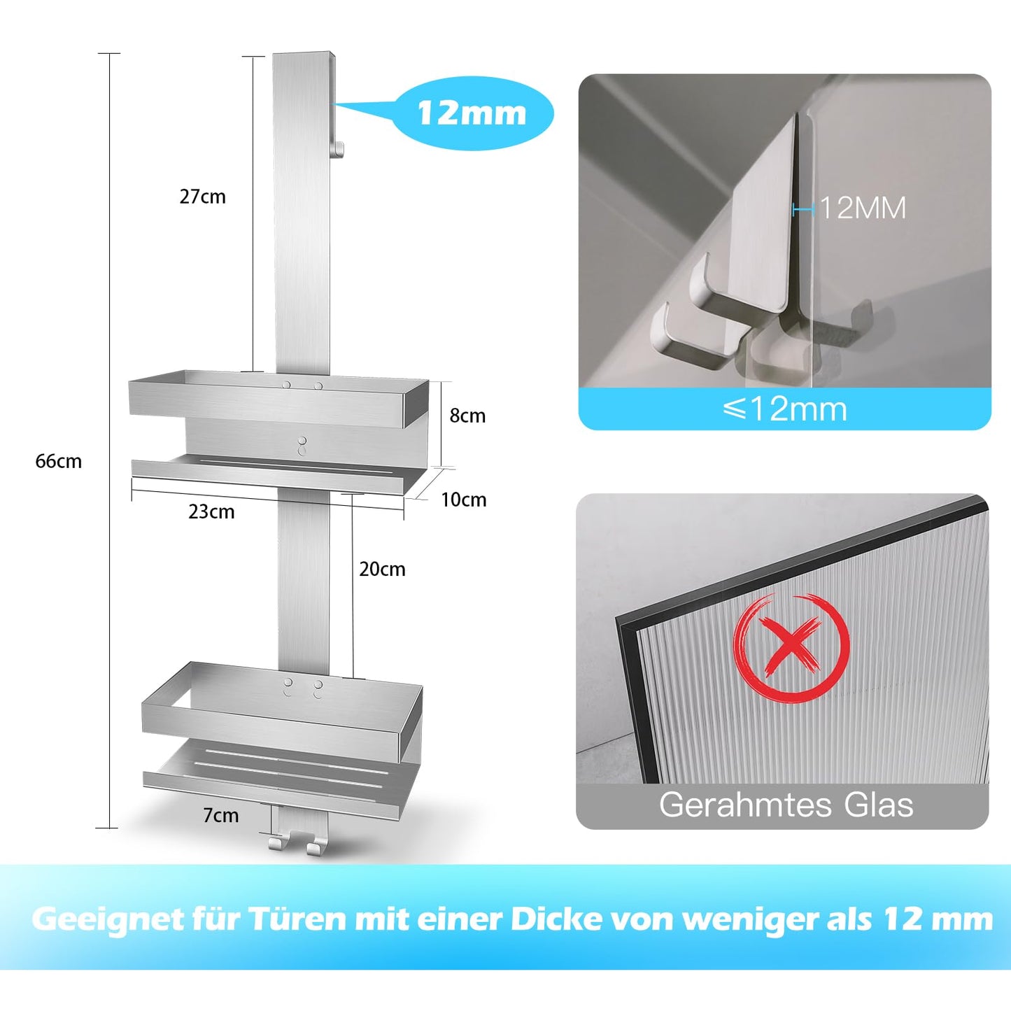 Uuleever hanging shower caddy, stainless steel SUS304, no drilling for frameless glass door, shampoo holder for shower (Style A - Silver).