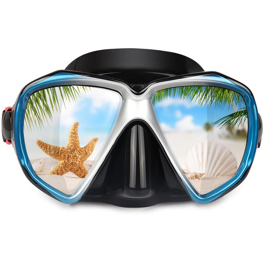Adult diving mask with anti-fog snorkel mask, tempered glass swim mask and nose cover for snorkeling and swimming (A-Blue)