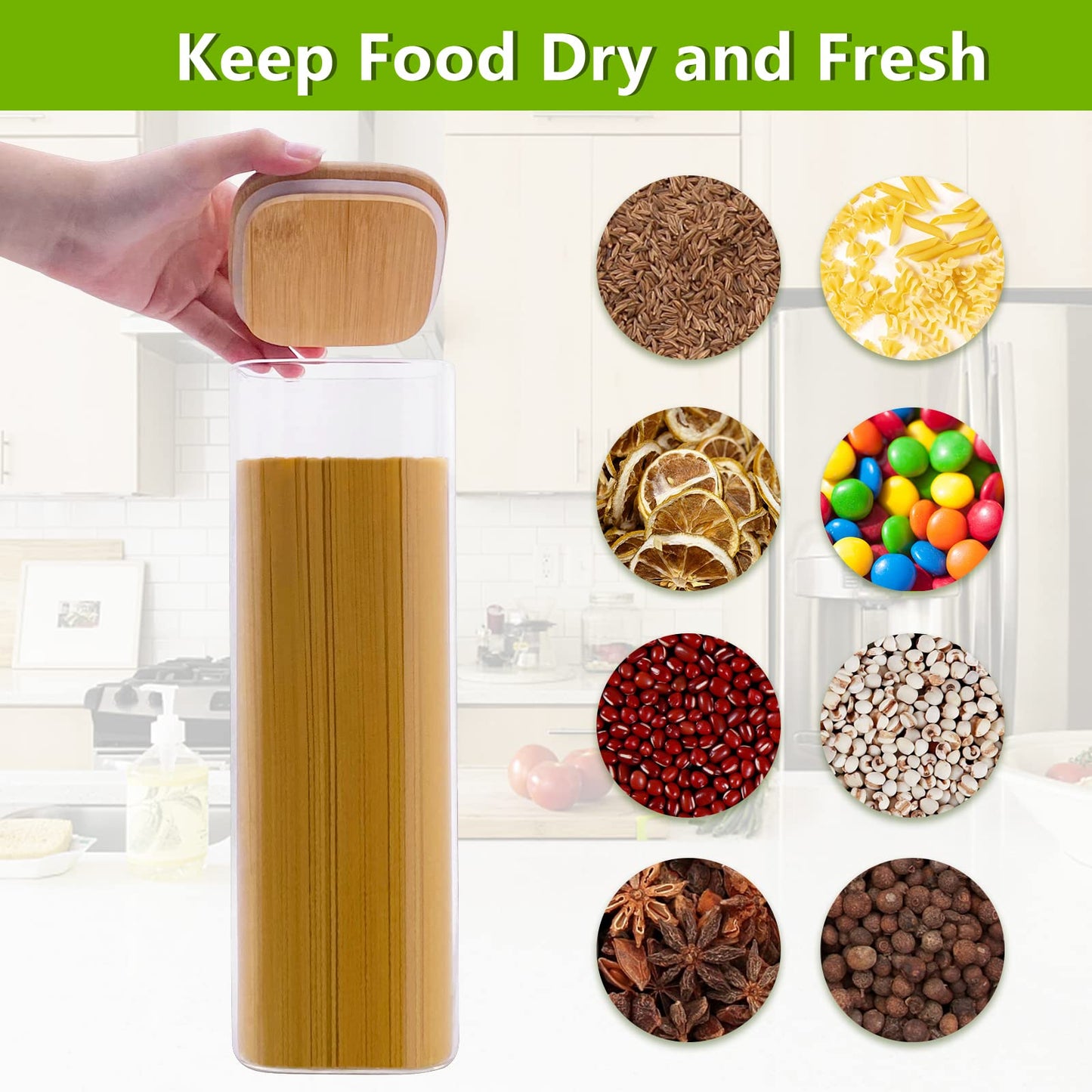 Withosent glass storage containers 7-piece set, 750ml/1500ml/2400ml storage jars with square lids, large glass container with wooden lid, kitchen storage jars for spaghetti, cereal, beans.