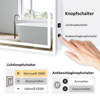 EMKE LED bathroom mirror with lighting 80x60cm, equipped with a toggle switch and anti-fog feature. Choose between warm white and cool white light modes, and mount the energy-efficient mirror horizontally or vertically.