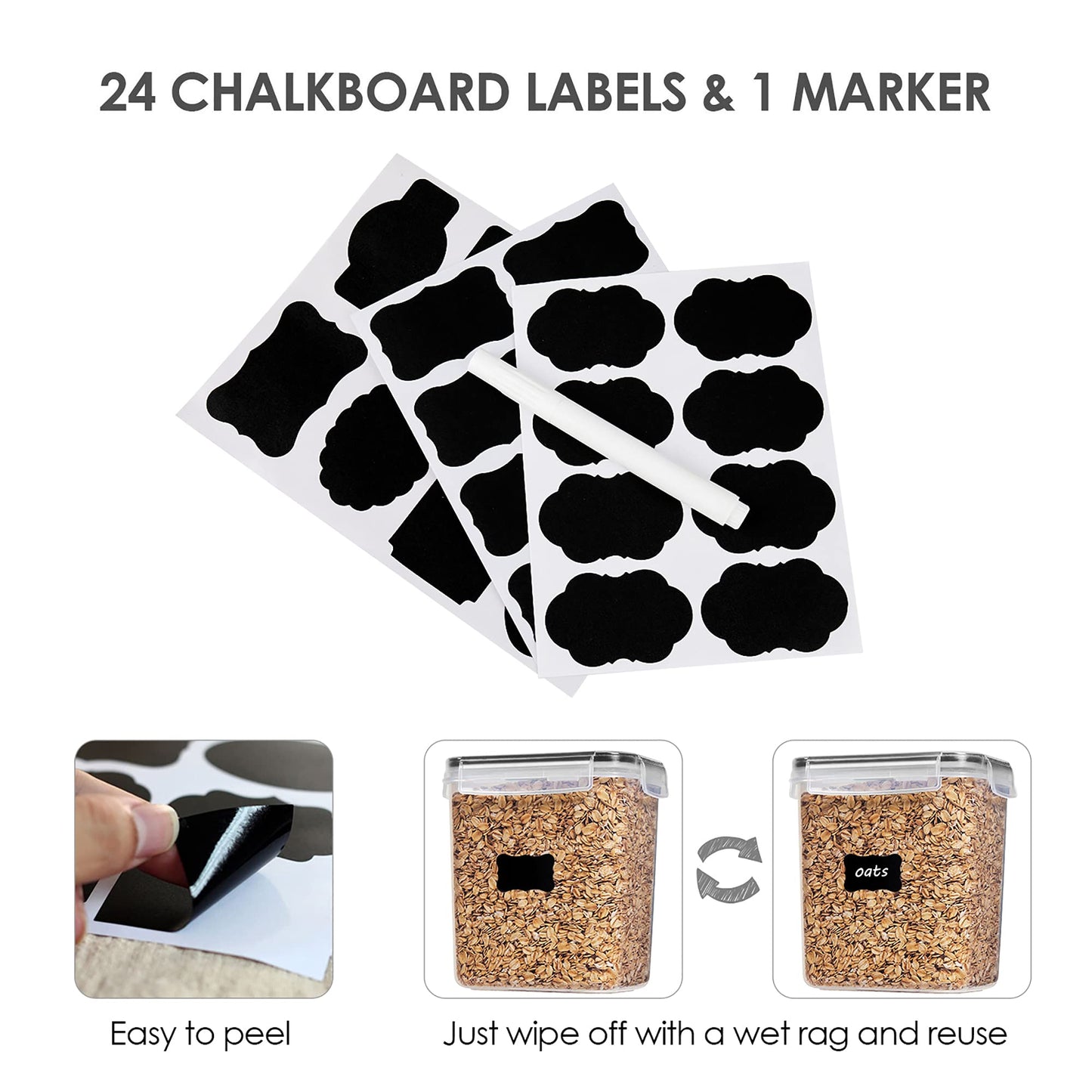 Vtopmart 2L Storage Container Set, Cereal Dispenser & Food Storage Containers, BPA free plastic, airtight, dry food storage container, set of 9, 24 labels for grains, flour, sugar, etc. (Black)