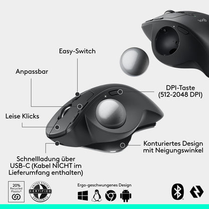 Logitech MX Ergo S Advanced wireless trackball mouse, USB-C rechargeable ergonomic mouse with Bluetooth and encrypted dongle, 6 programmable buttons, for PC/Mac - Graphite