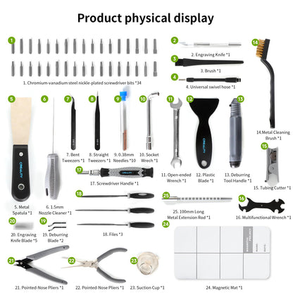 Creality 3D Printer Tool Kit Pro 74pcs Toolkit, Model Post-Processing 3D Printer Tool Kit, Nozzle Cleaning Set, Finishing, Deburring, Removal Tools, Cleaning Needles, for all 3D Printers