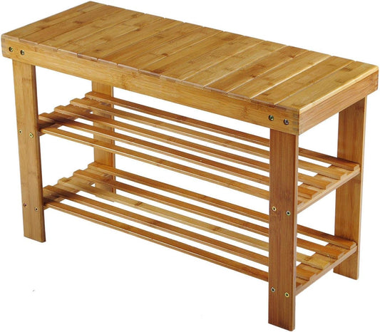 Hossejoy Bamboo Shoe Cabinet Bench Shoe Rack Shoe Bench Bathroom Shelf Bamboo Shelf 3 Shelves - 70 x 45 x 28 cm (WxHxD)