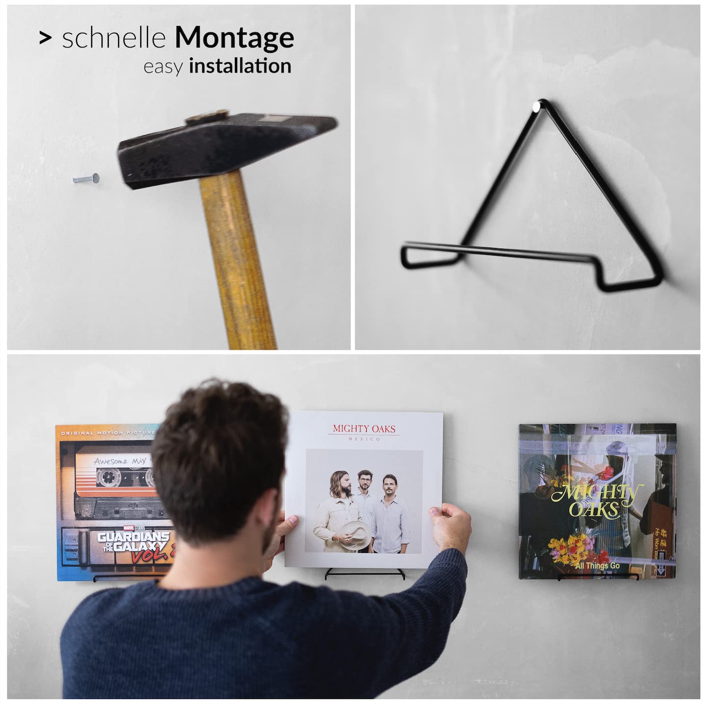 Record wall mount | 4 pieces | Vinyl storage | Matte black metal | Vinyl wall mount | Record accessories and vinyl shelf | Record wall decor