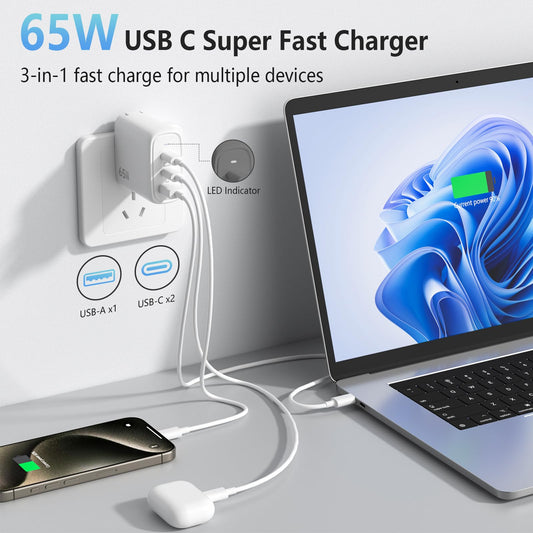 65W charger USB C power adapter PPS fast charger 3-port GaN PD charger, USB A and Type C charger with 2M Type C cable for iPhone 16/15, for Galaxy S24/23/S22, for MacBook Pro/Air, etc.