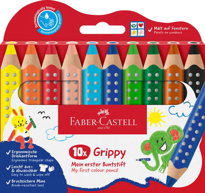 Faber-Castell 110624 Grippy Set, 10 jumbo colored pencils for toddlers, easily washable drawing pencils for kids, ergonomic triangular shape, thick colored pencils, 10mm lead.