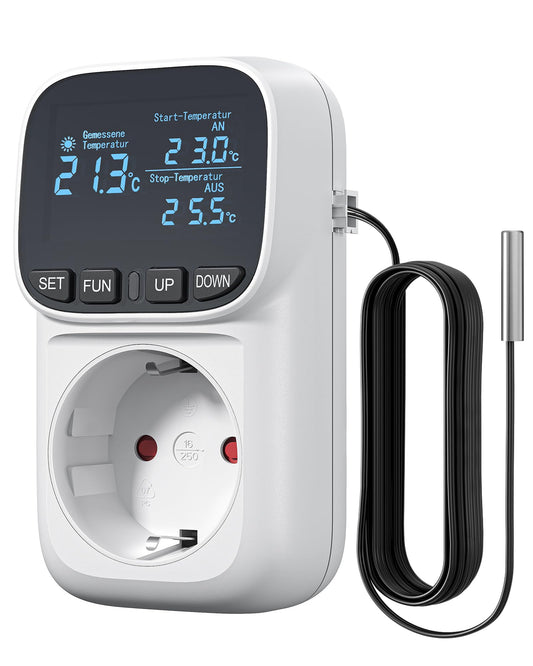 DEWENWILS Temperature controller, German display, Temperature switch with sensor 230V, Digital thermostat outlet, Temperature monitor with heating and cooling modes for greenhouse, terrarium, refrigerator.