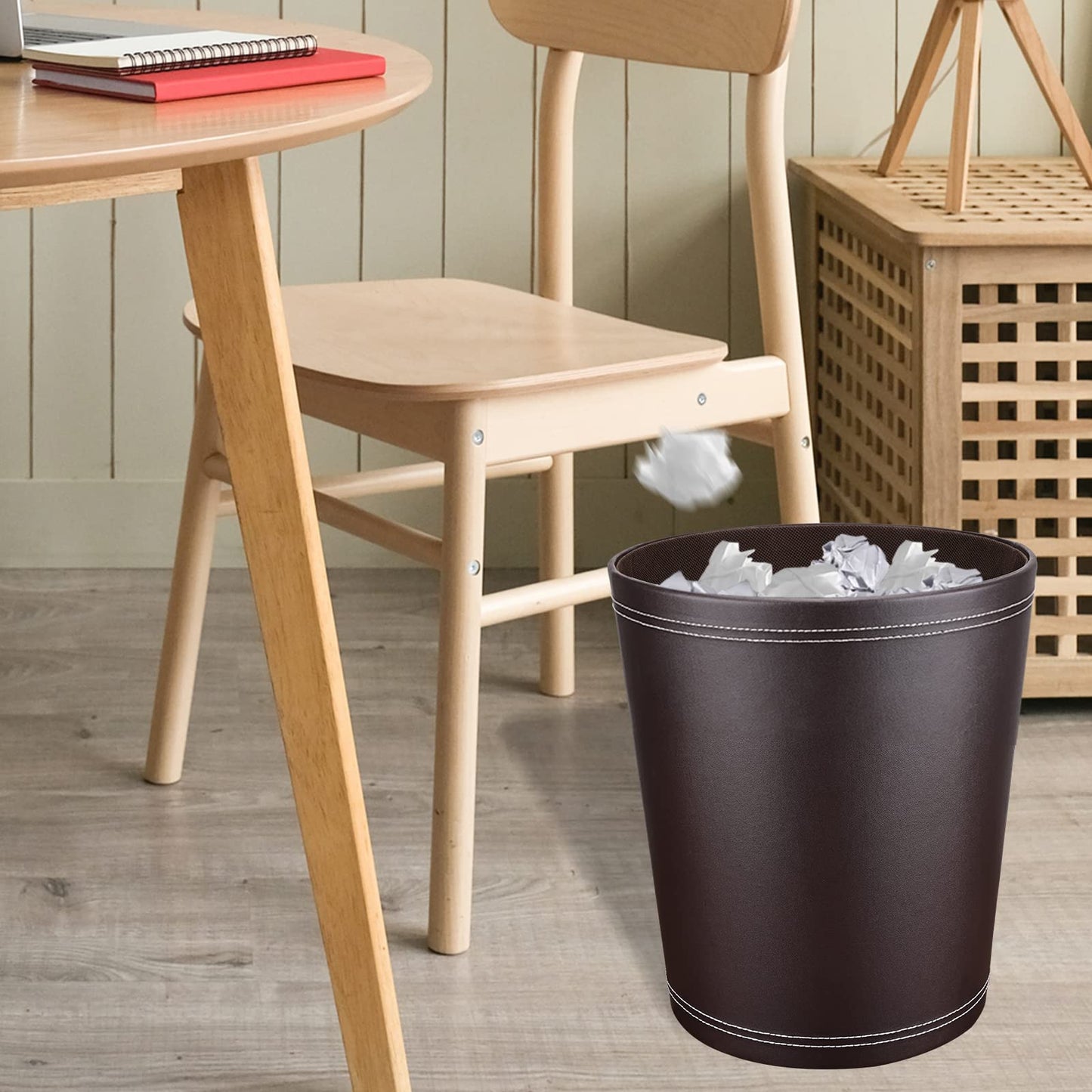 GORESE Trash can Office - Black leather trash can, modern design, waste bin for kitchen, bathroom, office (Brown)