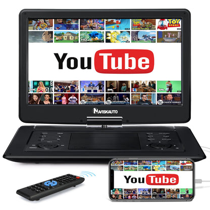 NAVISKAUTO 17.5'' portable DVD player for cars with 15.6 inch HD screen, HDMI input, 6-hour battery, supports USB, SD card, syncs with TV/projector. Perfect for kids.