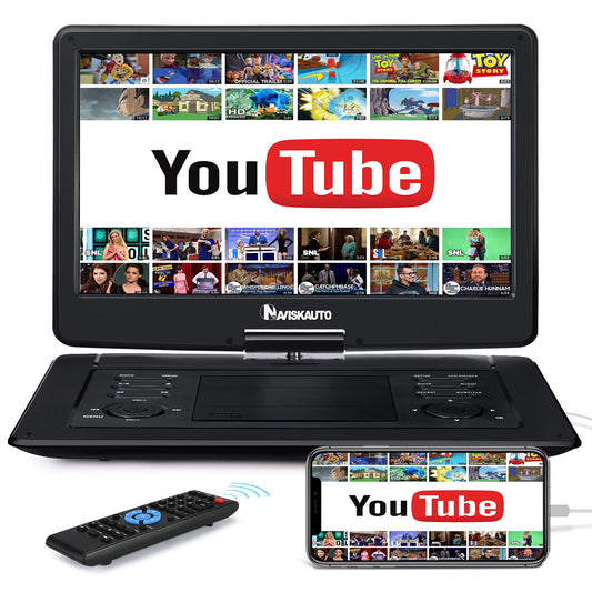NAVISKAUTO 17.5'' portable DVD player for cars with 15.6 inch HD screen, HDMI input, 6-hour battery, supports USB, SD card, syncs with TV/projector. Perfect for kids.