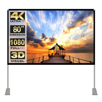 Projection screen with stand 80 inch HD 4K outdoor indoor projector screen Quick folding portable movie screen 16:9 Full set bag for home theater, camping, and leisure events.