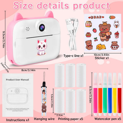 Instant Camera for Kids, 12MP 2.4-inch Screen Kids Camera with 32G Card, Printing Paper & Colored Pens, 1080P Kids Instant Print Camera, Gift for Children 3-12 Years Old.