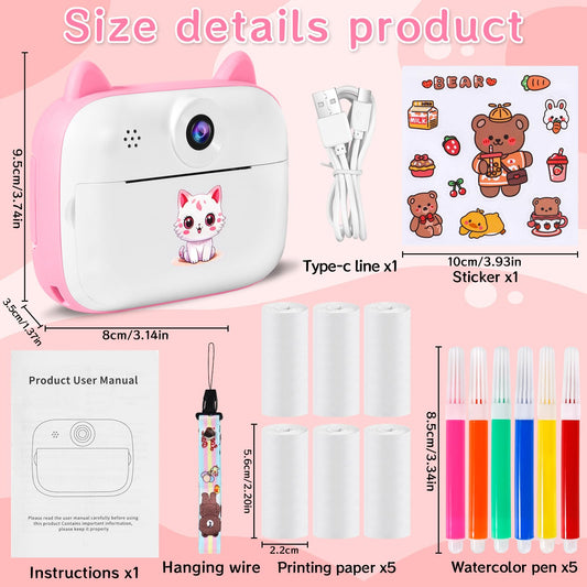 Instant Camera for Kids, 12MP 2.4-inch Screen Kids Camera with 32G Card, Printing Paper & Colored Pens, 1080P Kids Instant Print Camera, Gift for Children 3-12 Years Old.