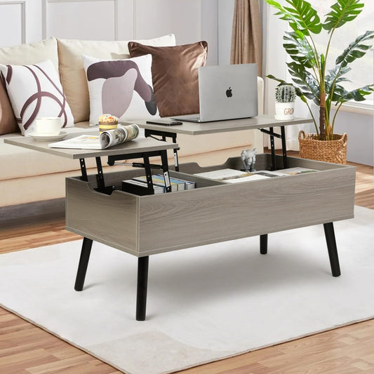 VOWNER coffee table, adjustable height, retractable, hidden storage compartment, double lift top, side table, light gray.