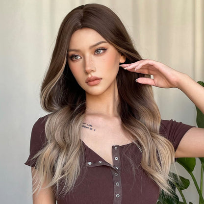 Haircube long wigs for women, center parting, dark roots.