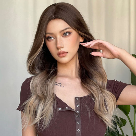 Haircube long wigs for women, center parting, dark roots.