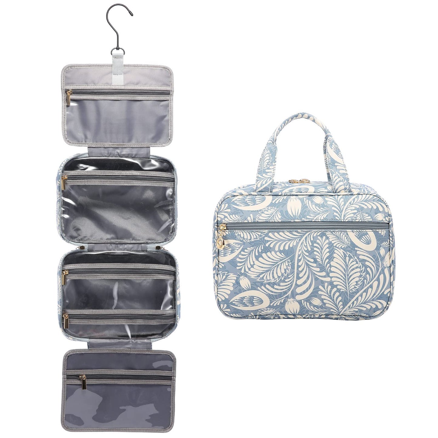 LOVEVOOK Toiletry Bag for Women, Waterproof Hanging Toiletry Bag, Foldable Cosmetic Bag Large with 360° Rotating Hook Blue Leaves.