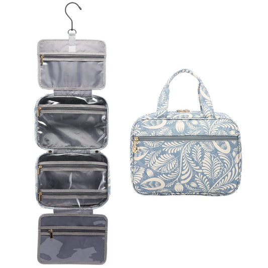 LOVEVOOK Toiletry Bag for Women, Waterproof Hanging Toiletry Bag, Foldable Cosmetic Bag Large with 360° Rotating Hook Blue Leaves.