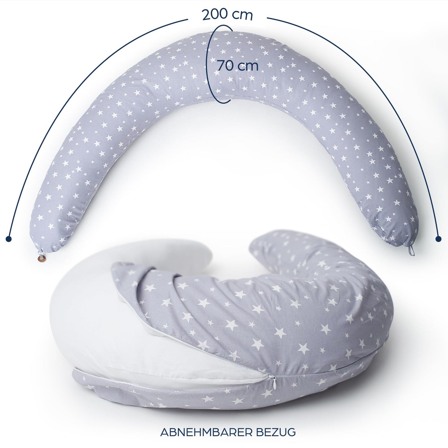 Niimo XXL 2-in-1 Pregnancy Pillow & Nursing Pillow - 100% cotton cover with fiber filling, 100% washable, ergonomic & multifunctional, Grey with white stars (200 x 70 cm)