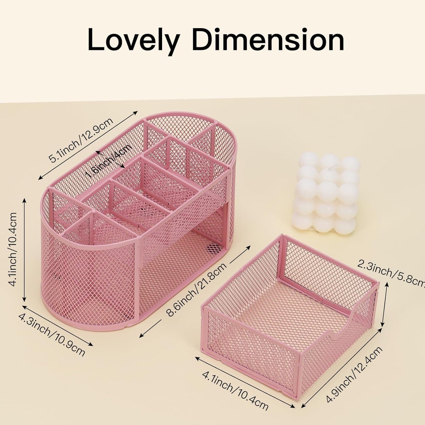 DHGKVK Desk Organizer, desk pen holder, Mesh Metal Desktop Office Organizer with 8 pen holders and 1 drawer, saves space at home, school, or office. (Pink)