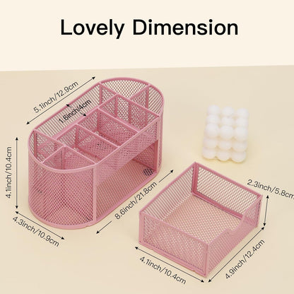 DHGKVK Desk Organizer, desk pen holder, Mesh Metal Desktop Office Organizer with 8 pen holders and 1 drawer, saves space at home, school, or office. (Pink)