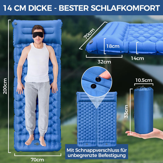 Self-inflating camping mat, 14 cm self-inflating mat with built-in foot pump & pillow, waterproof self-inflating air mattress for hiking, beach, travel, tent (blue)