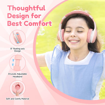 EarFun Bluetooth headphones for kids, 85/94dB volume control, HiFi sound, HD microphone, 40 hrs battery, foldable, adjustable, wireless Bluetooth headphones for school/travel, Pink