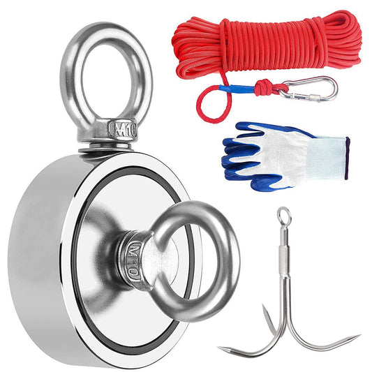 480kg double-sided neodymium eyebolt magnet, N52 super strong magnet for magnet fishing - Ø75mm search magnet with 20m rope, gloves and search anchor, with 2 eyebolts neodymium pot magnet