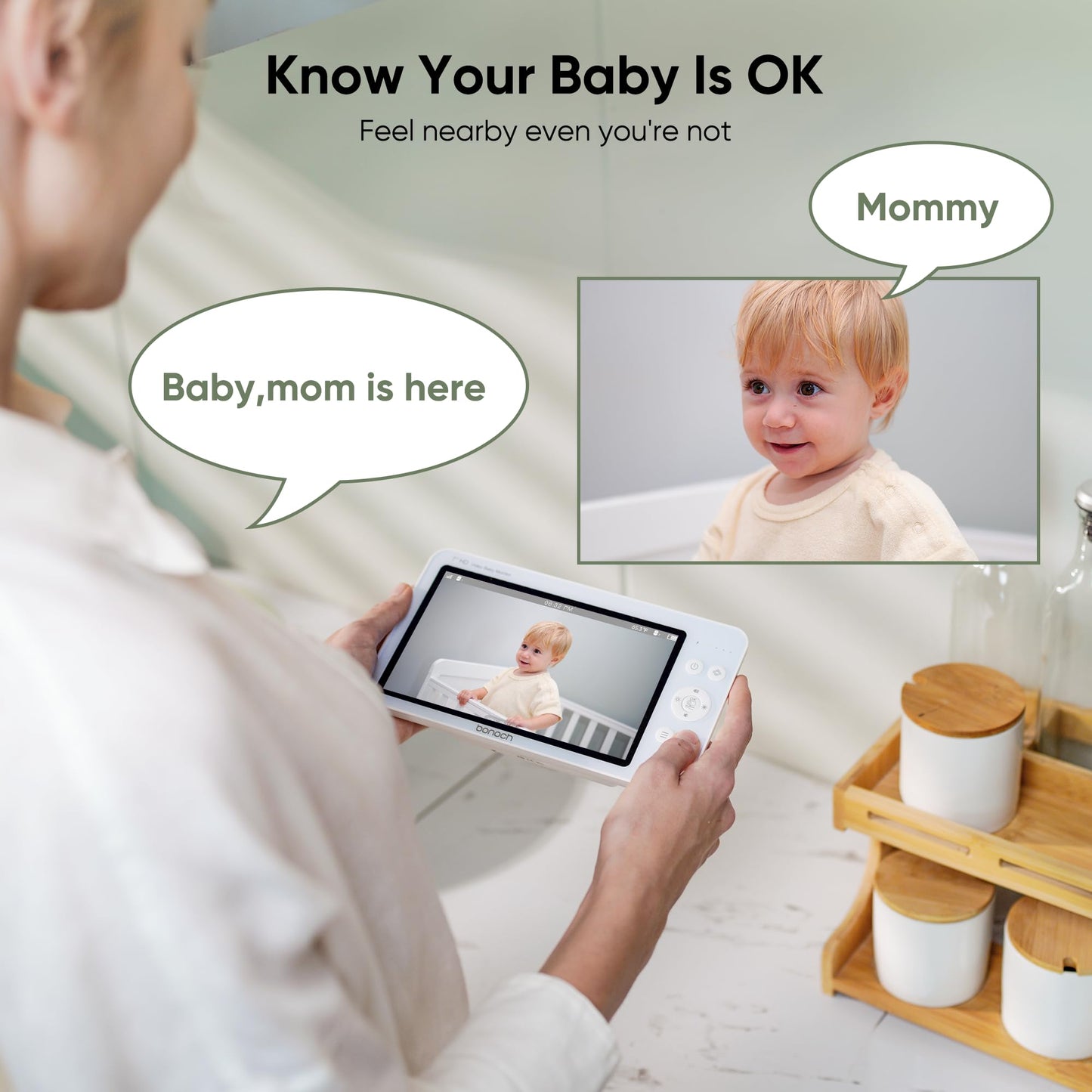 Bonoch 7-inch baby monitor with camera, 720P HD, 6000mAh battery, night vision, two-way audio, remote PTZ, VOX mode, temperature sensor, 8 lullabies.