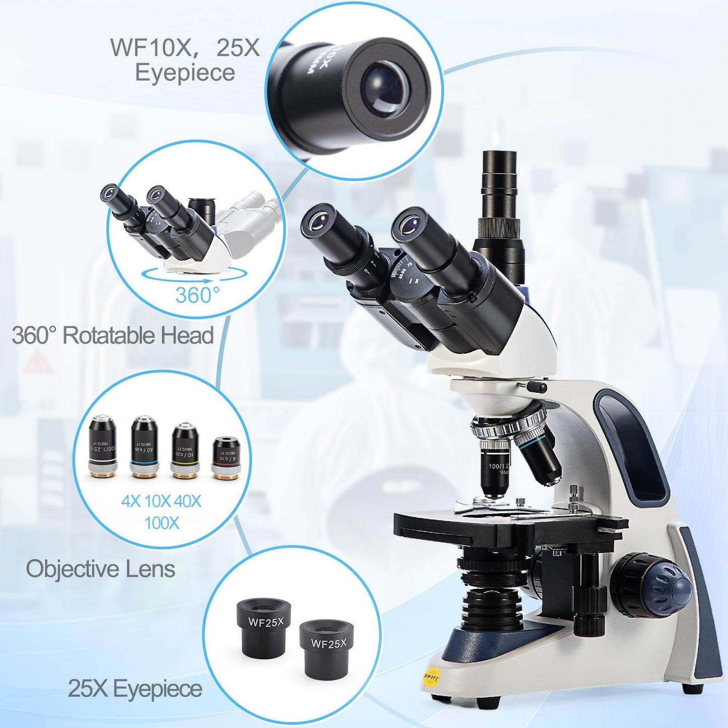 SWIFT Trinocular Microscope SW380T, 40x to 2500x magnification, Siedentopf head, dual-layer mechanical stage, with 5.0MP camera and software, and 100 blank slides