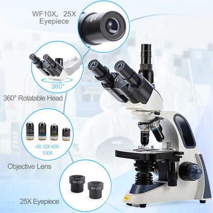SWIFT Trinocular Microscope SW380T, 40x to 2500x magnification, Siedentopf head, dual-layer mechanical stage, with 5.0MP camera and software, and 100 blank slides