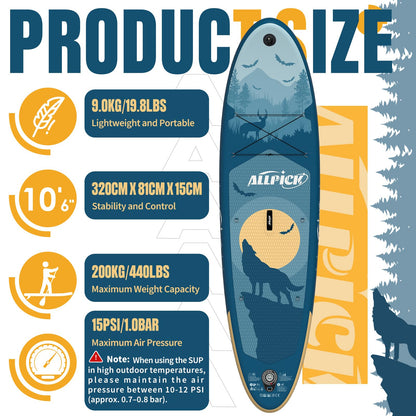ALLPICK Premium SUP Board Set, Inflatable Stand Up Paddle Board, with Universal Camera Mount, Complete Accessories, Adjustable Paddle, for Beginners, Advanced, 200kg (Mysterious Blue)
