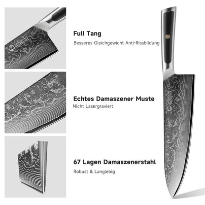 Sunnecko 20cm damascus chef knife kitchen knife - Sharp knife made of damascus steel, damascus kitchen knife with ergonomic handle, meat knife for kitchen