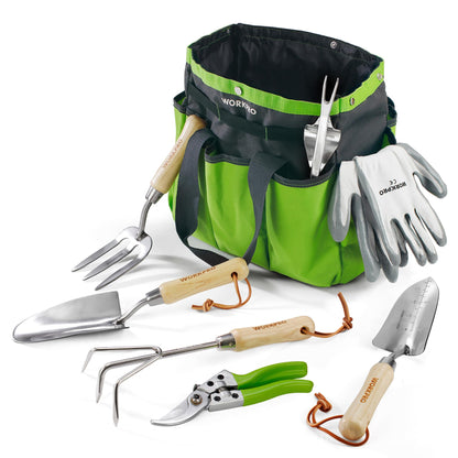 WORKPRO garden tool set, 8 in 1 gardening tools with storage bag, made of stainless steel, garden trowel with wooden handle, floral scissors, garden claw, hand cultivator, gift for gardeners.
