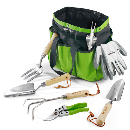 WORKPRO garden tool set, 8 in 1 gardening tools with storage bag, made of stainless steel, garden trowel with wooden handle, floral scissors, garden claw, hand cultivator, gift for gardeners.