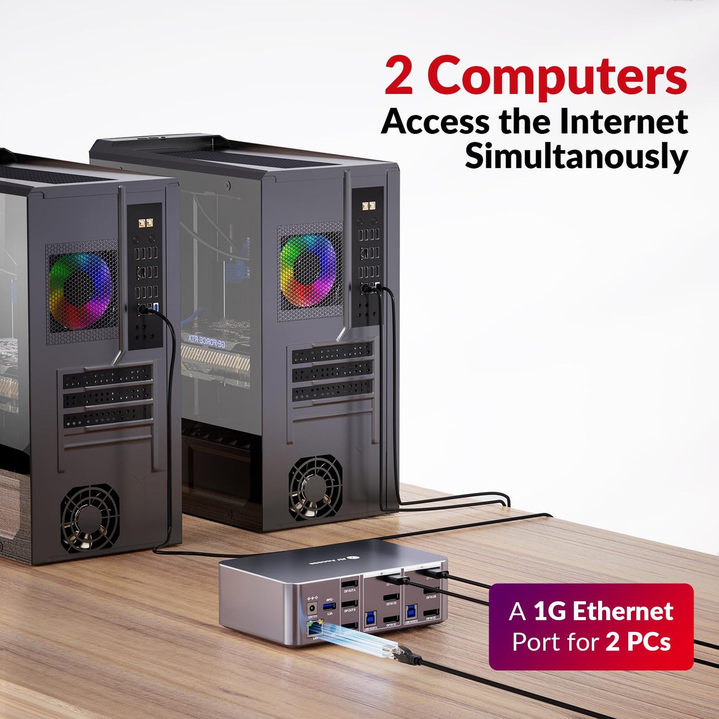 AV Access KVM Switch for 2 PCs and 3 monitors with 8K@60Hz resolution. Includes 6 DP cables, DisplayPort 2.0, 1G Ethernet, USB 3.0, and docking station for 3 monitors. Supports 4K@165/144Hz and 2K@144Hz (Desktop only).