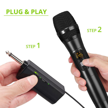 LiNKFOR Wireless Microphone UHF Wireless Dual Handheld Dynamic Mic System with rechargeable receiver, for karaoke machines, DJ, vocals, church, weddings, speakers, amplifiers, PA systems.