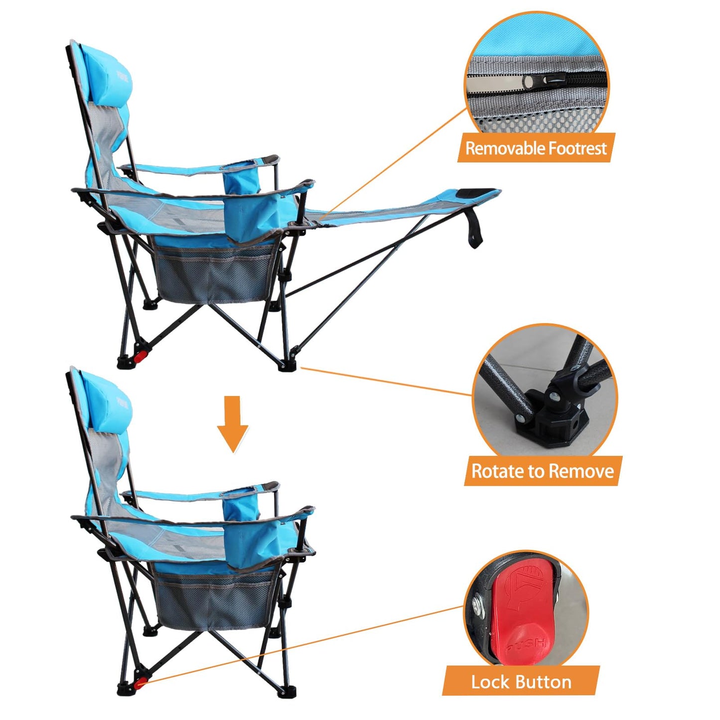 POEPORE camping chair with footrest 4-position adjustable beach chair recliner fishing chair adult camping chairs with cotton pad cushion drink holder armrest pockets Blue