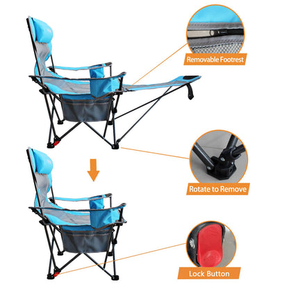 POEPORE camping chair with footrest 4-position adjustable beach chair recliner fishing chair adult camping chairs with cotton pad cushion drink holder armrest pockets Blue
