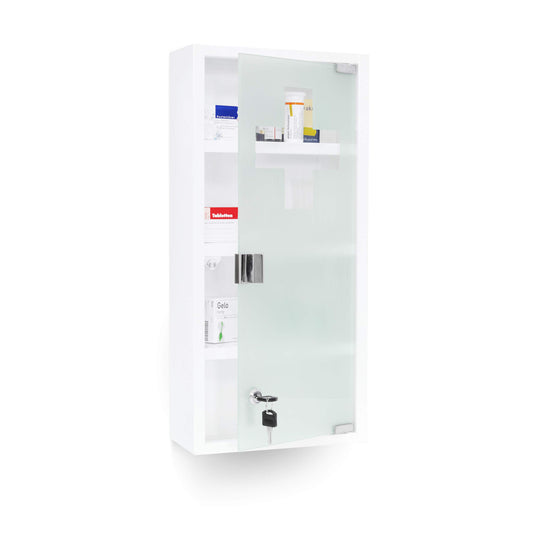 Relaxdays medicine cabinet EMERGENCY XXL Made of metal and glass Pharmaceutical cabinet for the bathroom HxWxD 57 x 27 x 12 cm with magnetic glass door 4 shelves for medication and bandages, white.