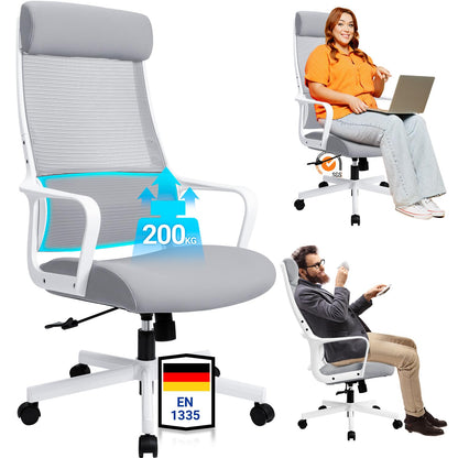 MELOKEA Office Chair Ergonomic, Desk Chair with Adjustable Headrest, Wide Seat Cushion, Lumbar Support, Office Chair 440 lbs, Mesh Chair, Home Office Chair, EN 1335 Computer Chair, Gray