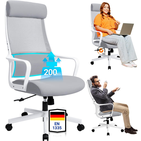 MELOKEA Office Chair Ergonomic, Desk Chair with Adjustable Headrest, Wide Seat Cushion, Lumbar Support, Office Chair 440 lbs, Mesh Chair, Home Office Chair, EN 1335 Computer Chair, Gray